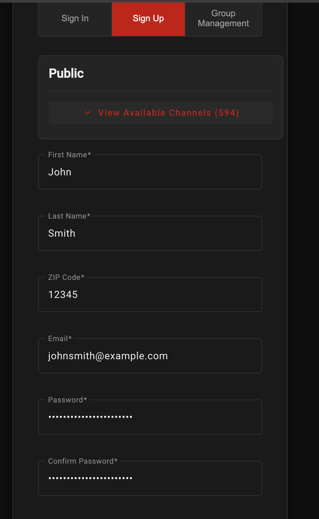 Account registration screen