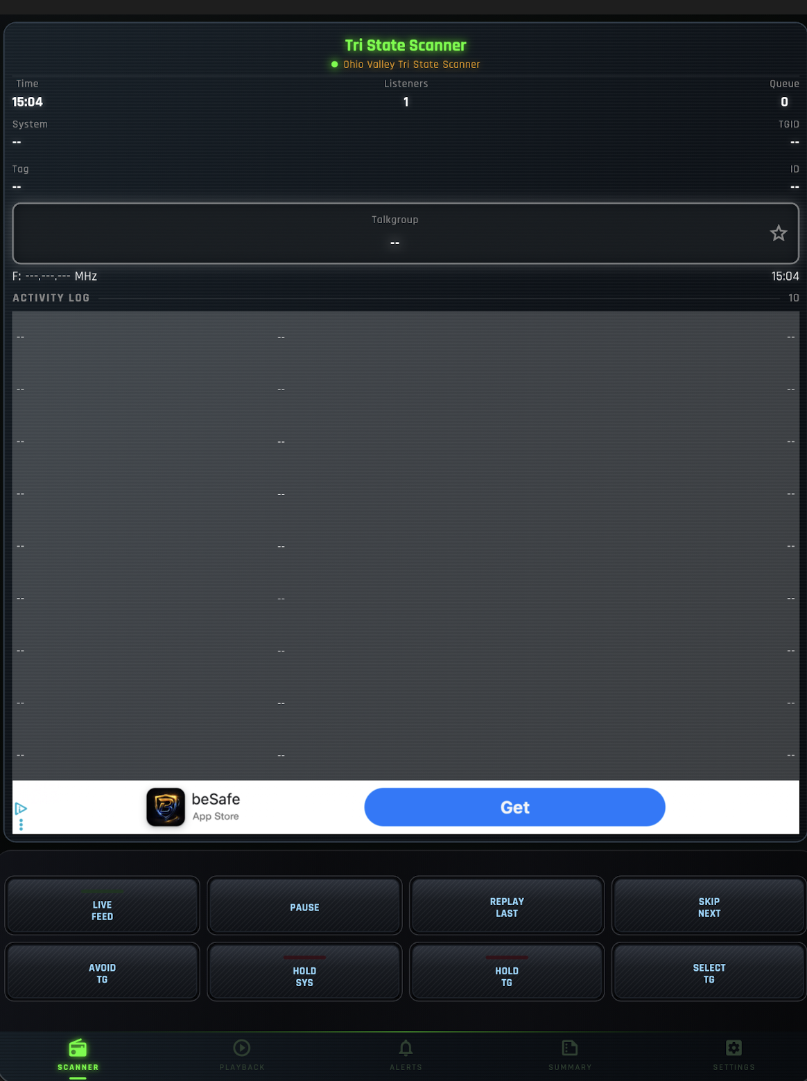 Main screen with Select TG button highlighted