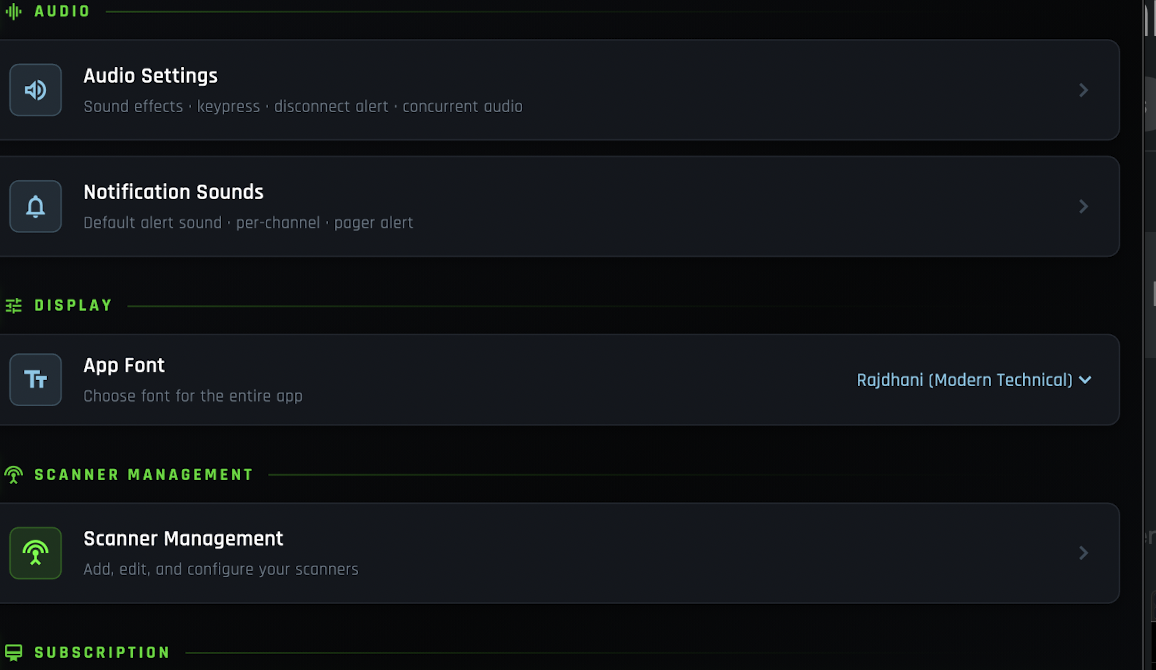 App Settings screen with Scanner Management option
