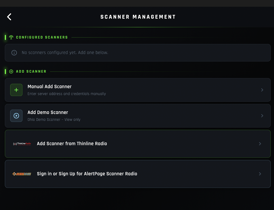 Scanner Management screen showing Add Scanner from ThinLine Radio