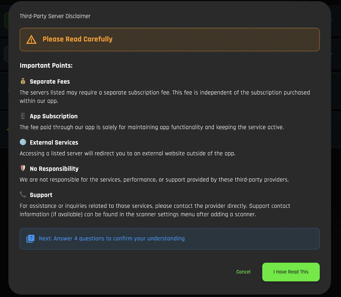 Third-Party Disclaimer screen